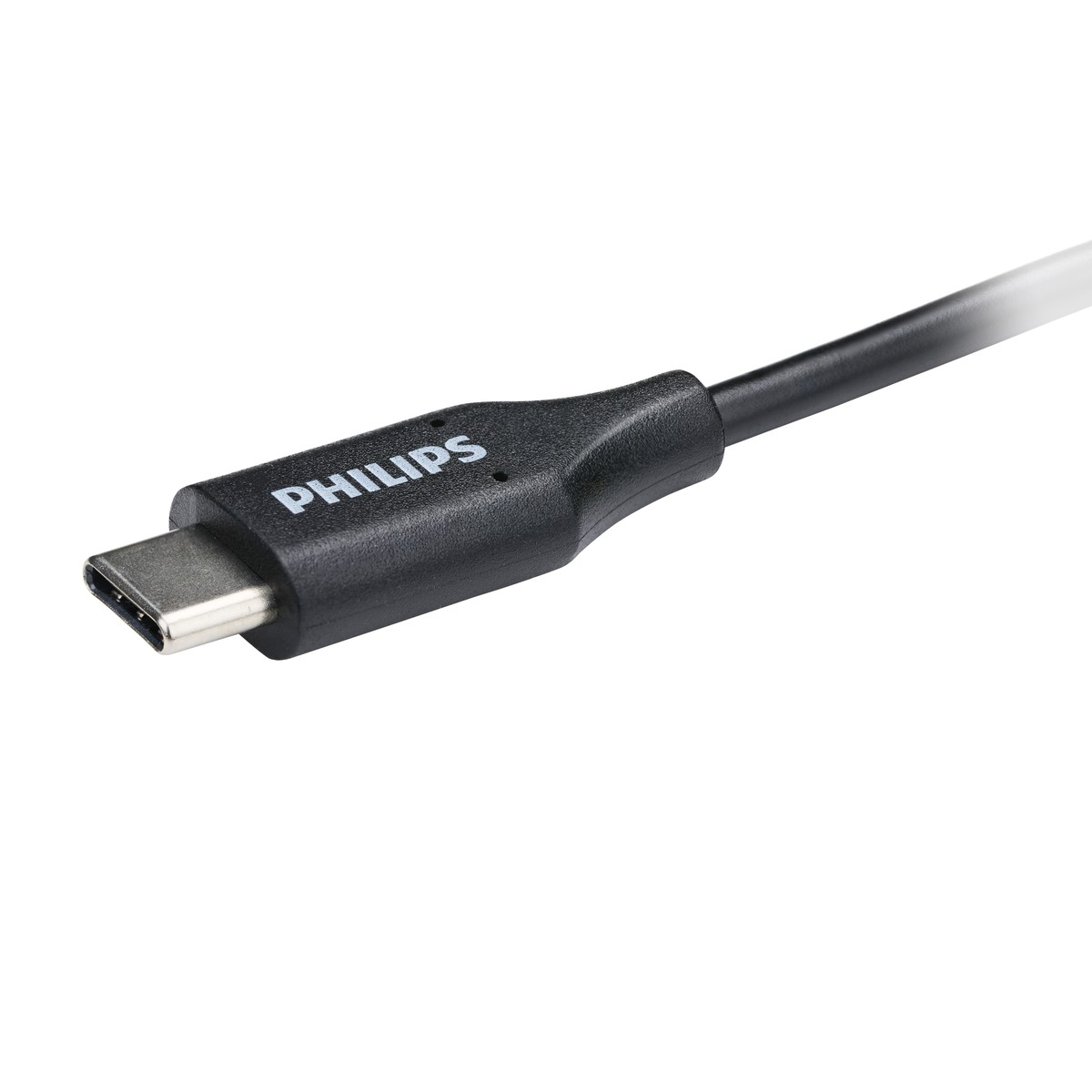 Een zwarte Philips USB-C kabel met zilveren connector.