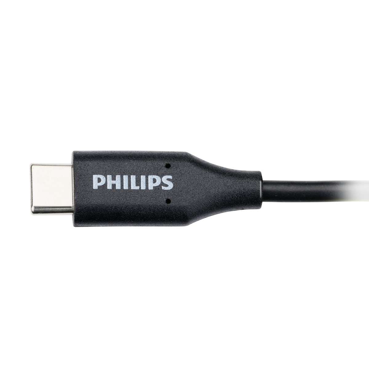 Een zwarte Philips USB-C connector met witte kabel op witte achtergrond.