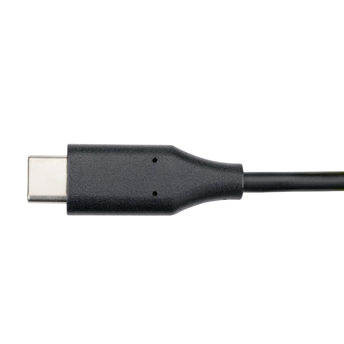 Een zwarte USB-C kabel met zilveren connector op witte achtergrond.