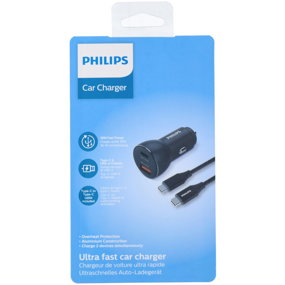Philips 36W autolader met dubbele USB-poorten en meegeleverde USB-C-kabel.