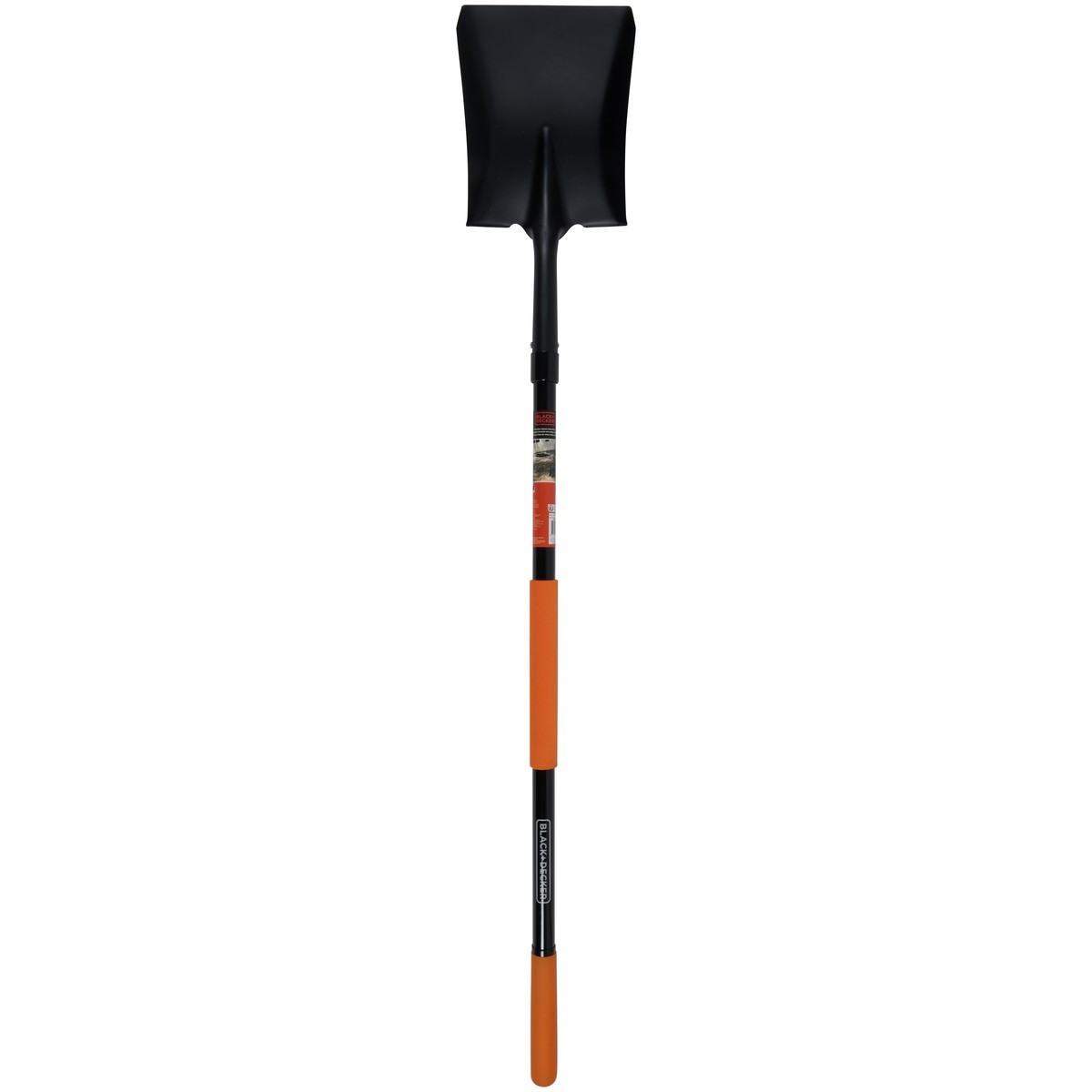 Black shovel with orange grip and telescoping handle.