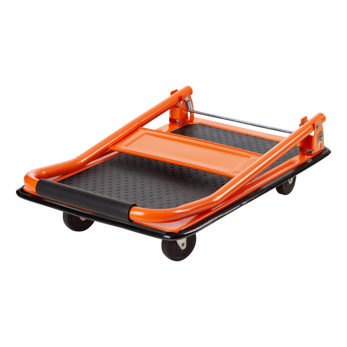 An orange folding trolley with a black deck and handle.