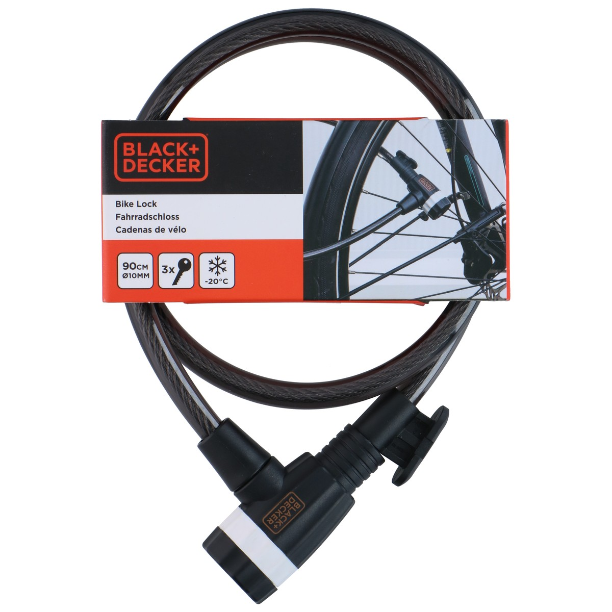 Black and Decker bike lock with 90cm cable, 10mm diameter, and three keys.