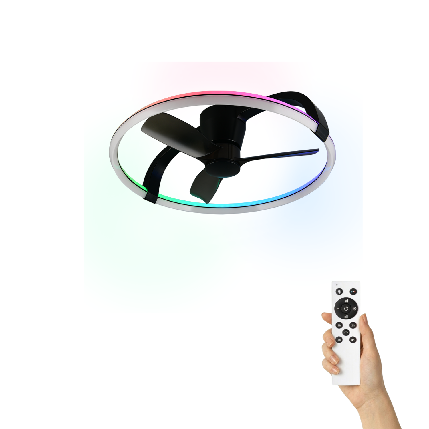 Ein moderner Deckenventilator mit Ringlicht und Fernbedienung in der Hand.