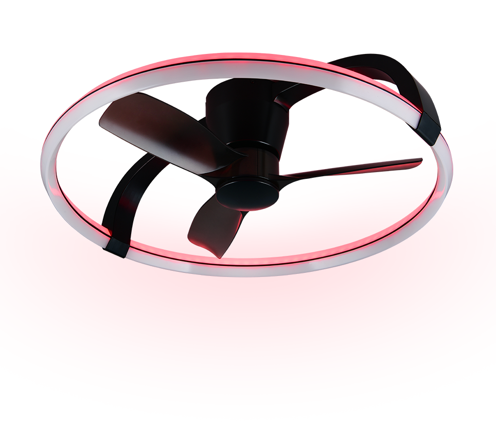 Ein schwarzer Deckenventilator mit drei Flügeln und einem roten LED-Lichtring.