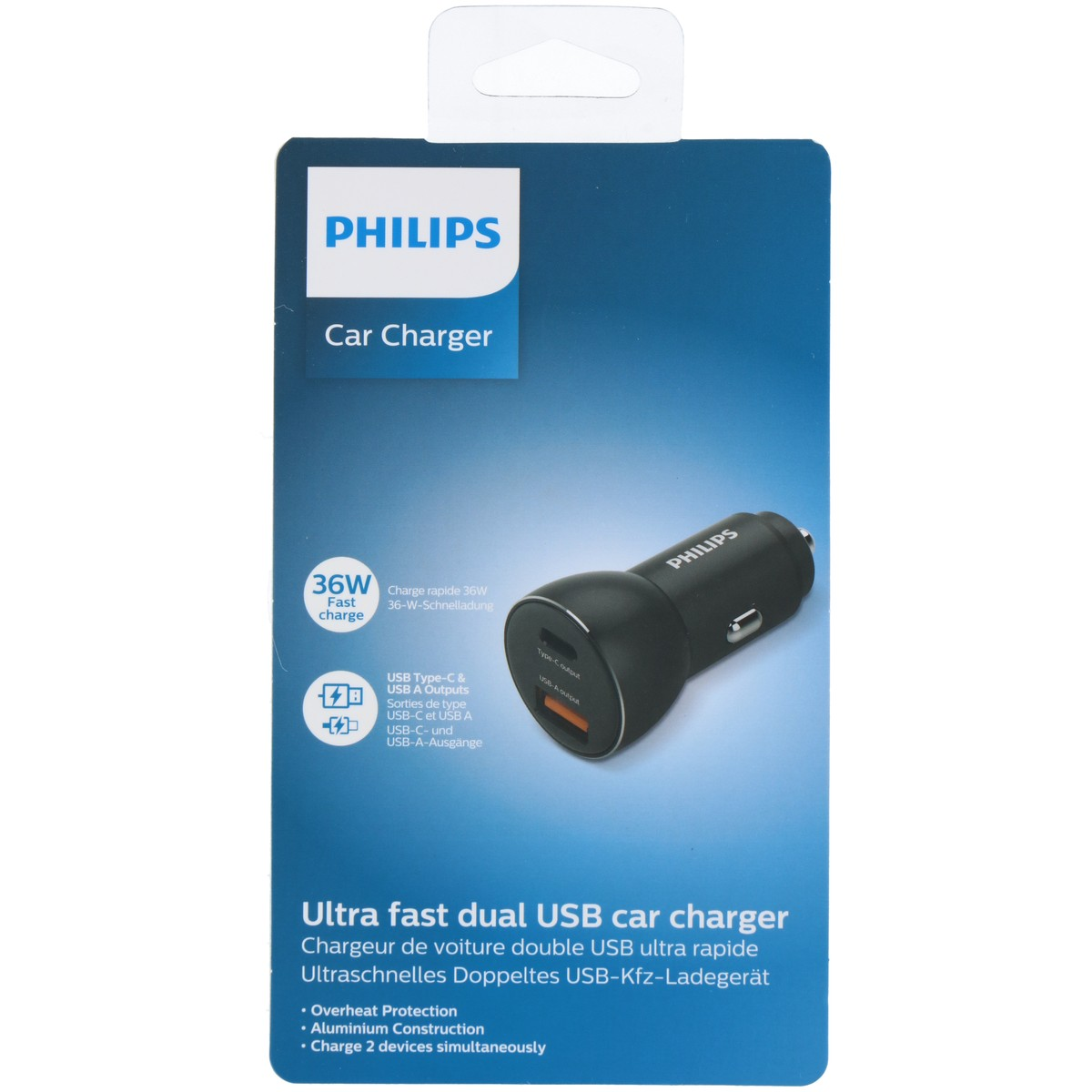 Chargeur de voiture double USB Philips avec charge rapide 36W et ports Type-C/USB-A.