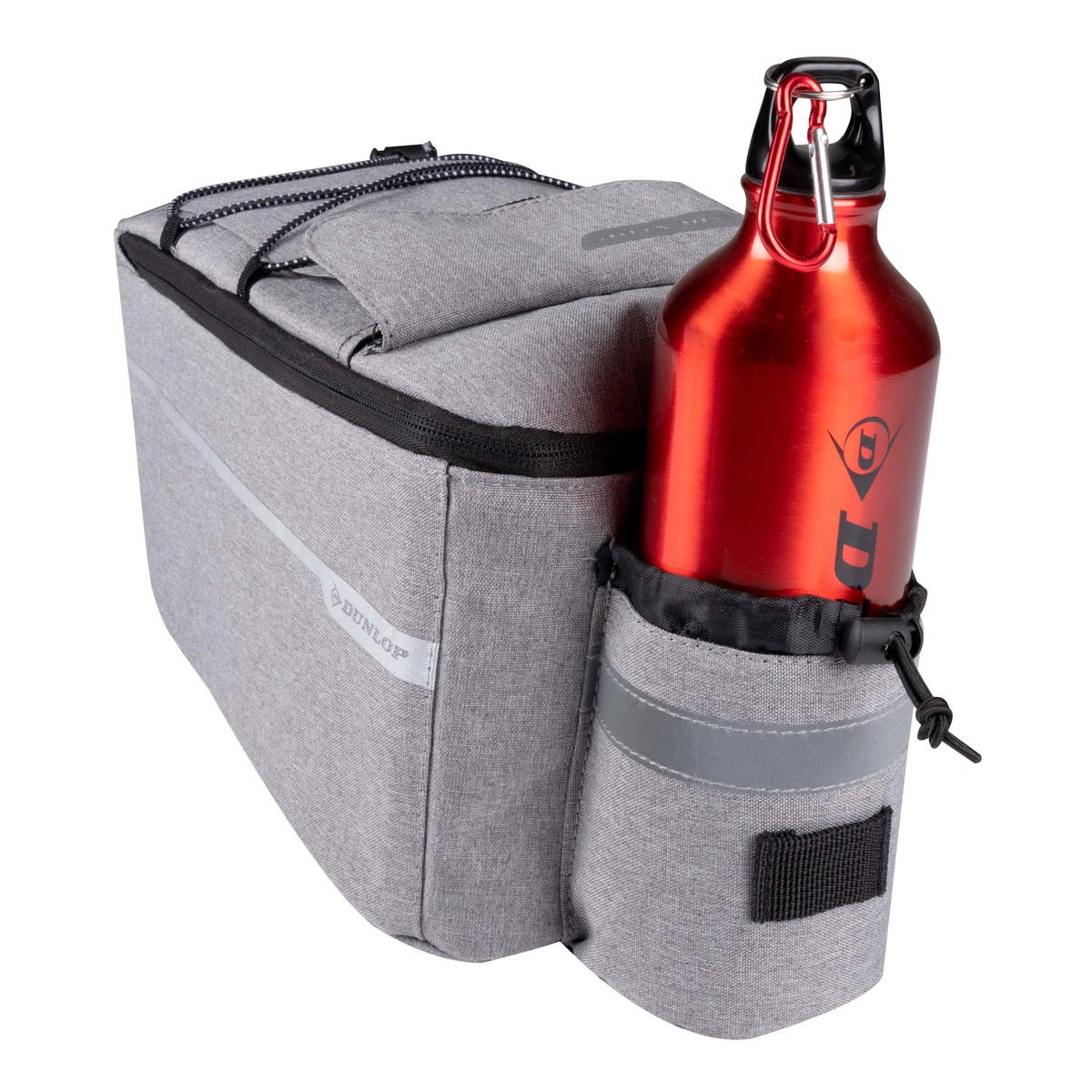 Sac de vélo gris avec une bouteille d'eau rouge et un mousqueton.