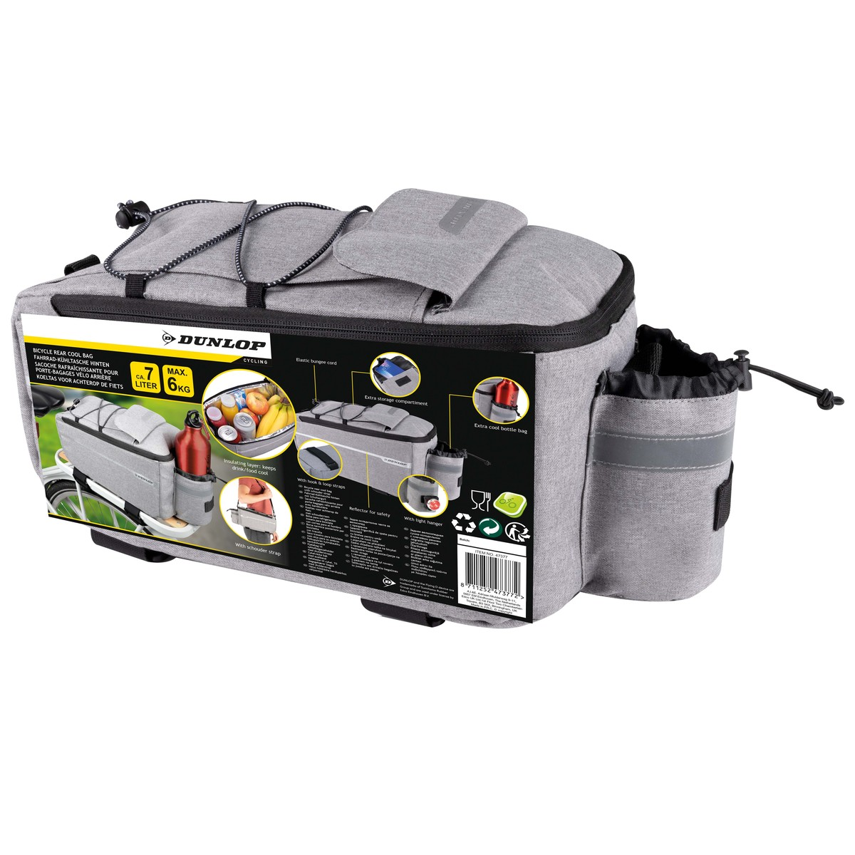 Sacoche arrière isotherme grise Dunlop pour vélo avec porte-bouteille et réflecteurs.