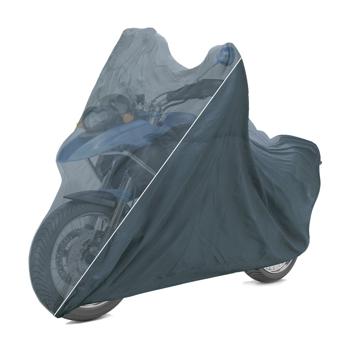 Een motorfiets gedeeltelijk bedekt door een grijze beschermhoes, met zichtbare delen.