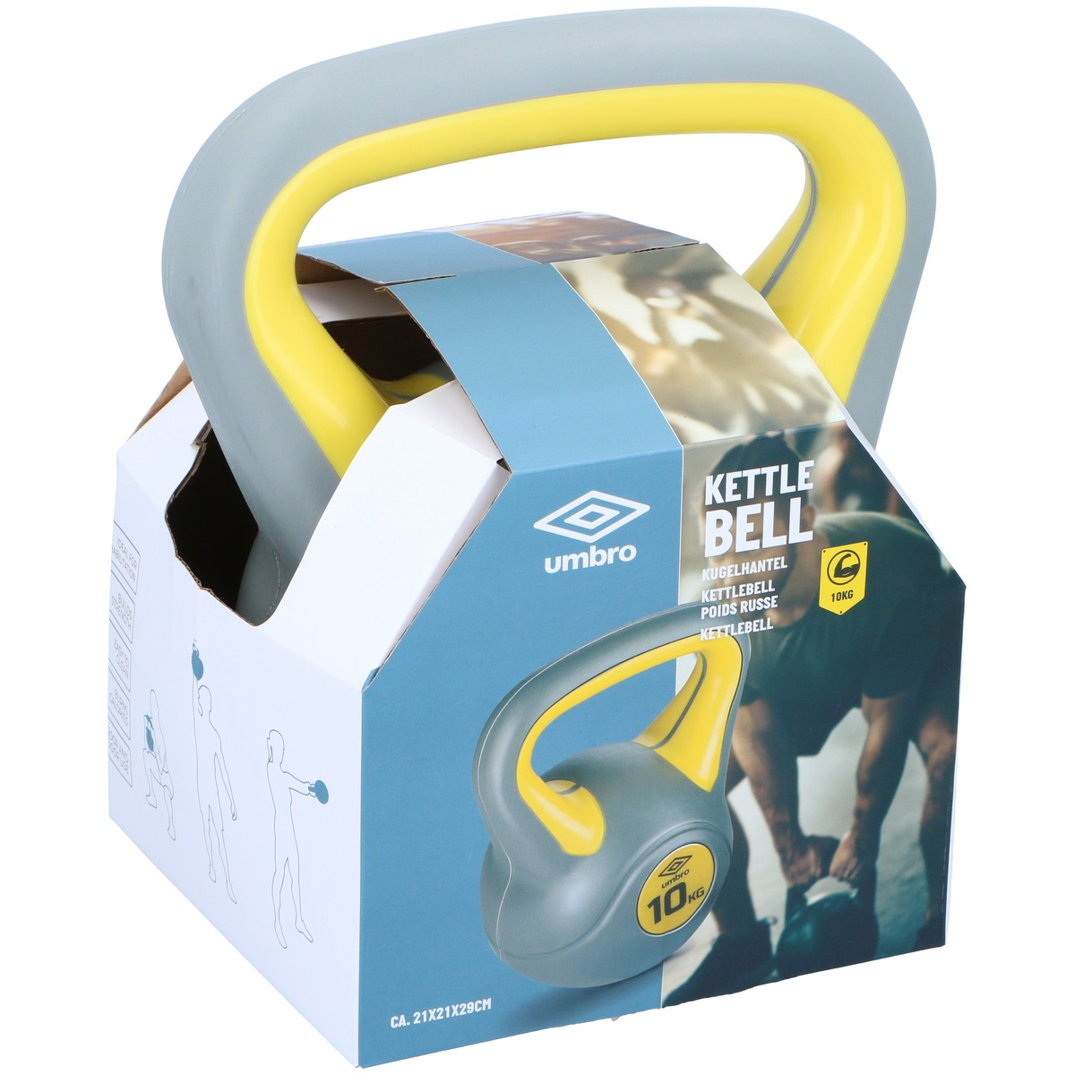 Grey and yellow Umbro kettlebell, 10kg, in packaging with instructional diagrams.