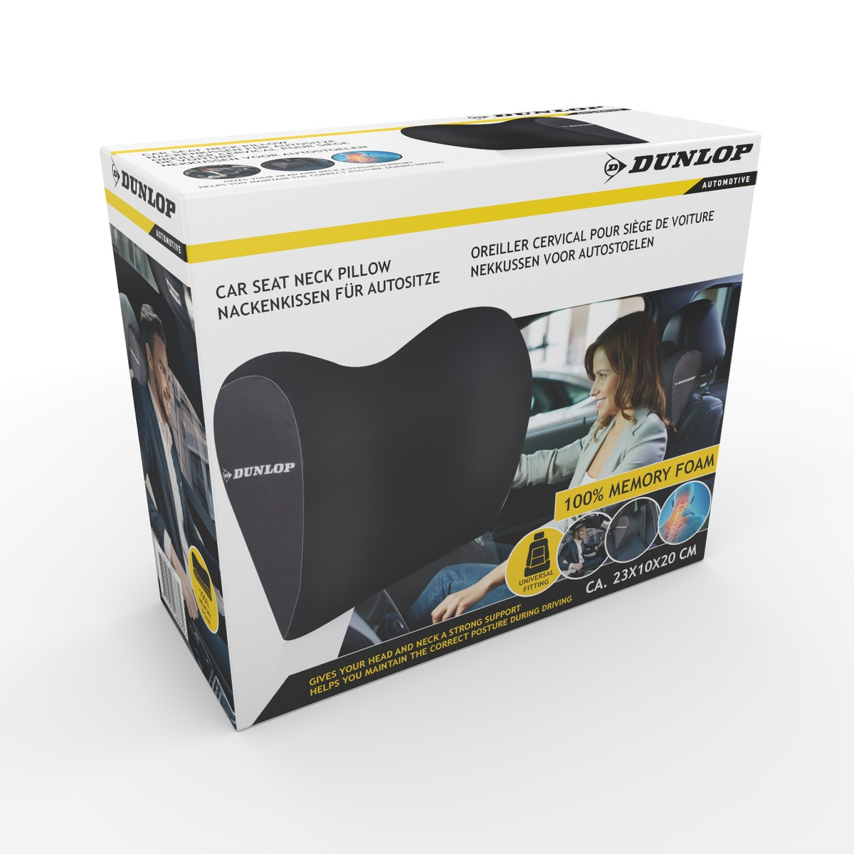 Dunlop memory foam car seat neck pillow shown with a woman driving.