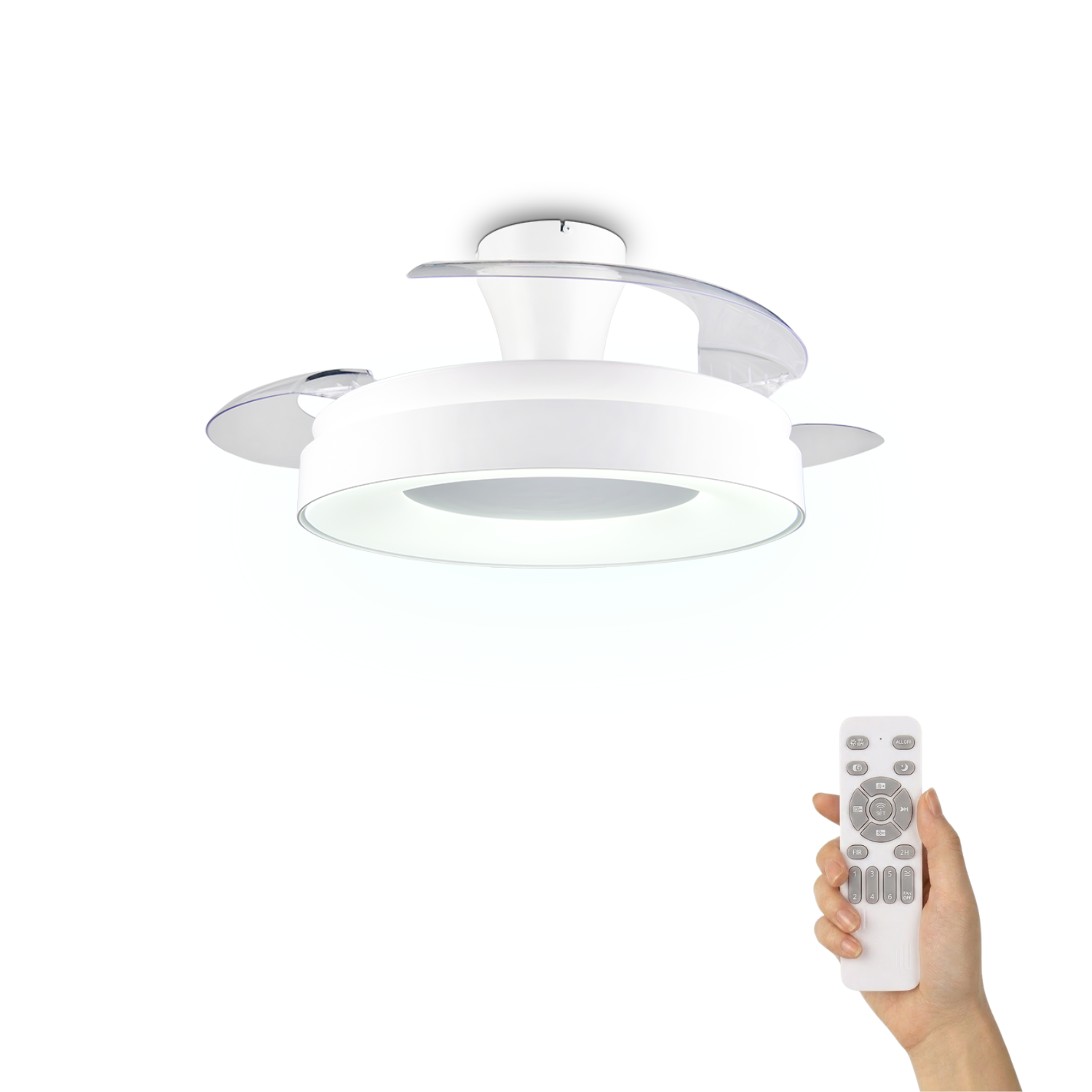 Eine weiße Deckenleuchte mit Ventilator und Fernbedienung in einer Hand.