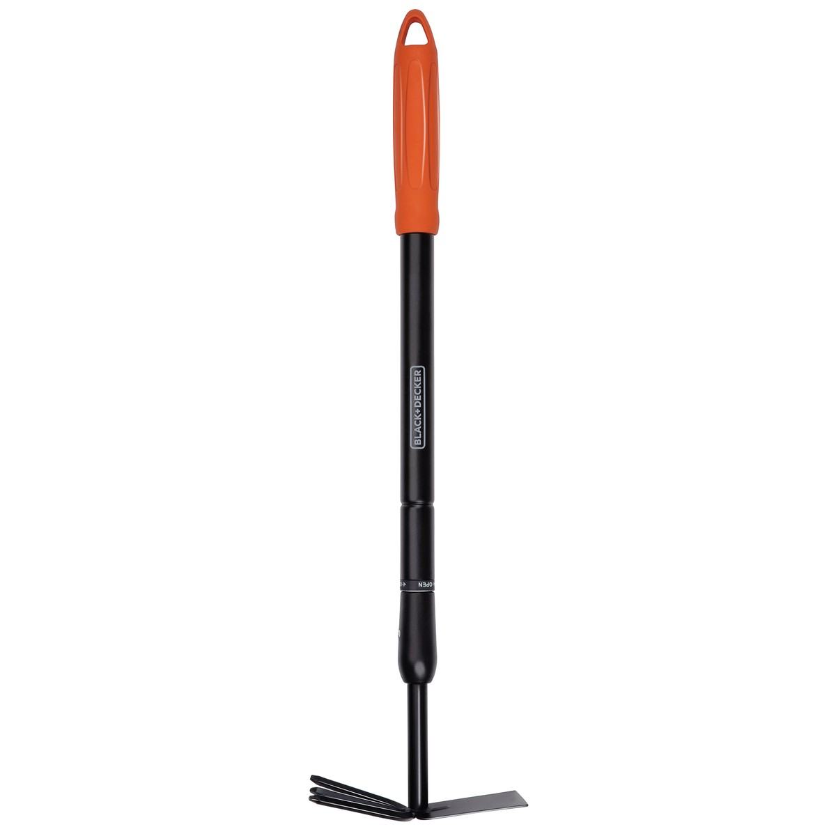 Black garden tool with orange handle and multi-head attachment.