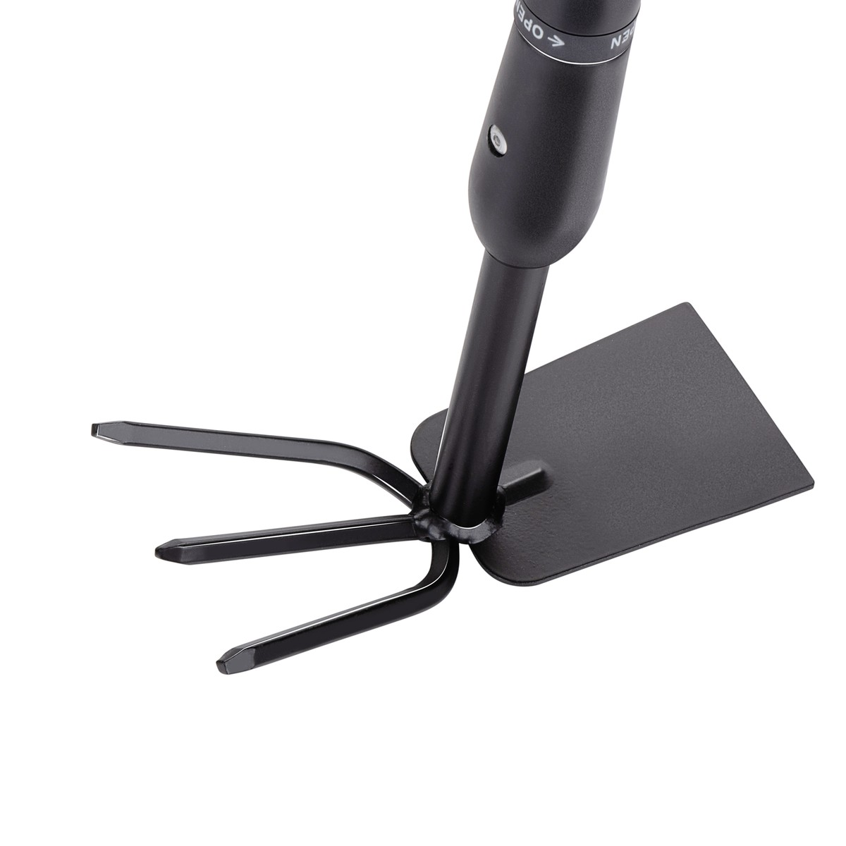 Black garden tool with a hoe and a three-pronged cultivator on a white background.