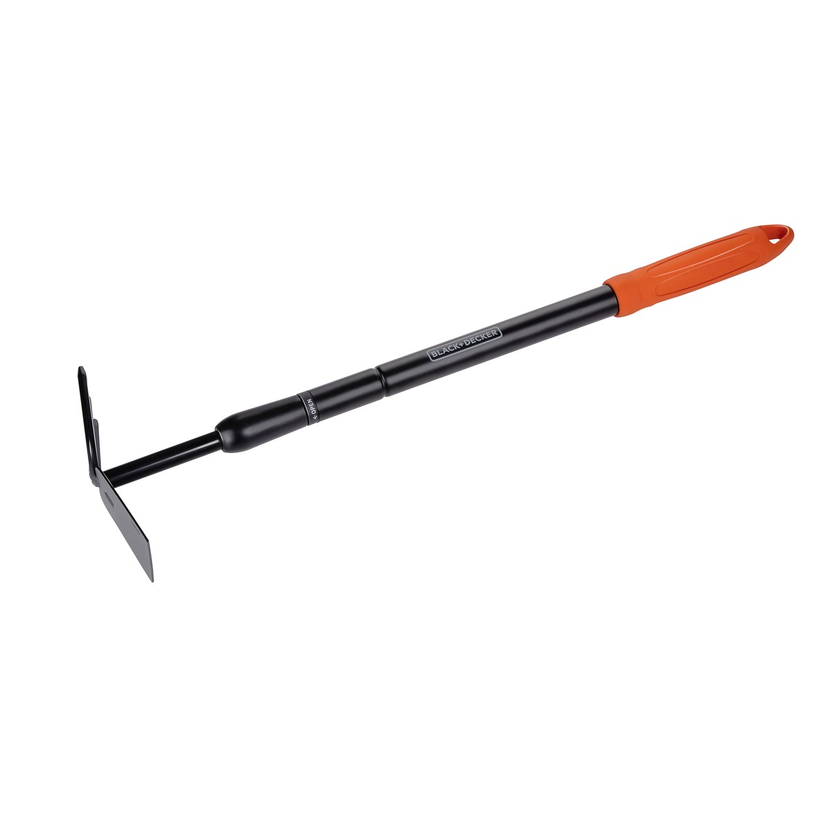 Black garden tool with orange handle and adjustable pole.