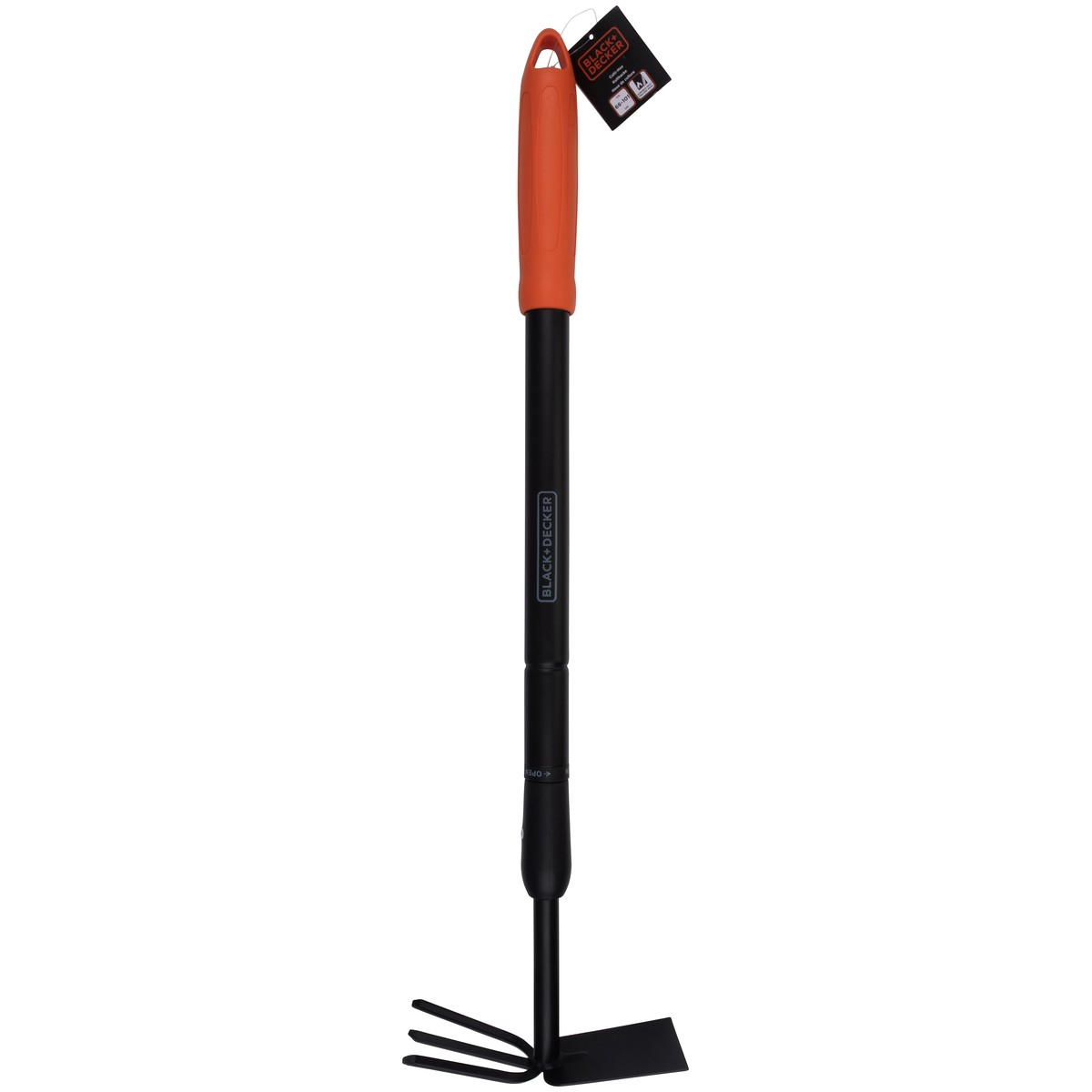 Black garden tool shaft with orange handle and hoe/rake head.