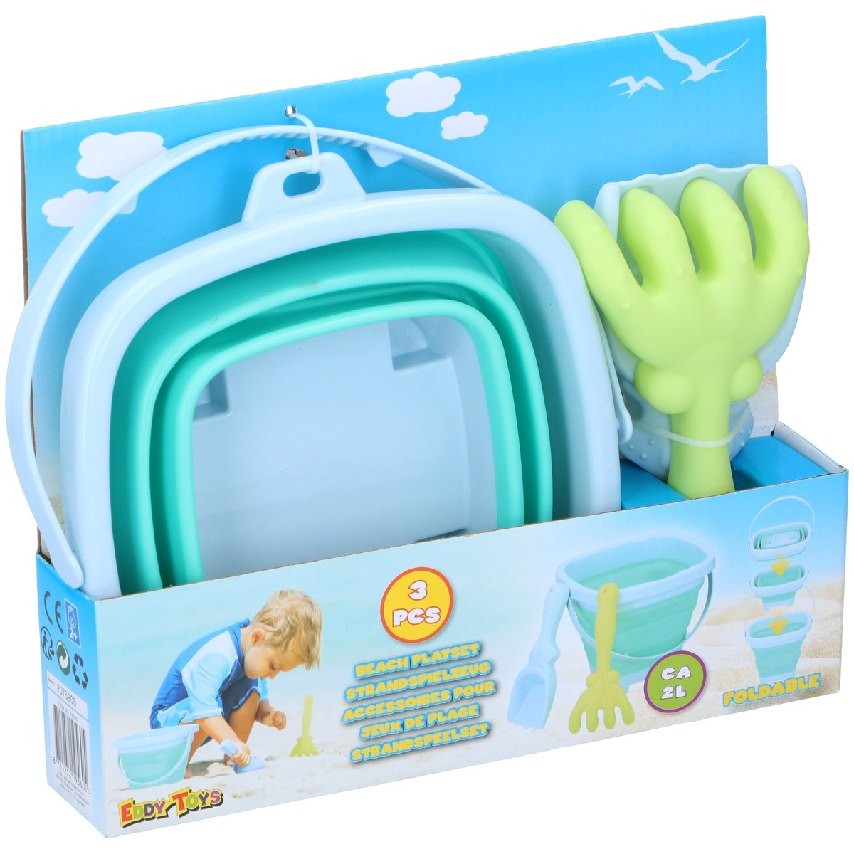 A toy beach playset featuring a foldable bucket, shovel, and rake.