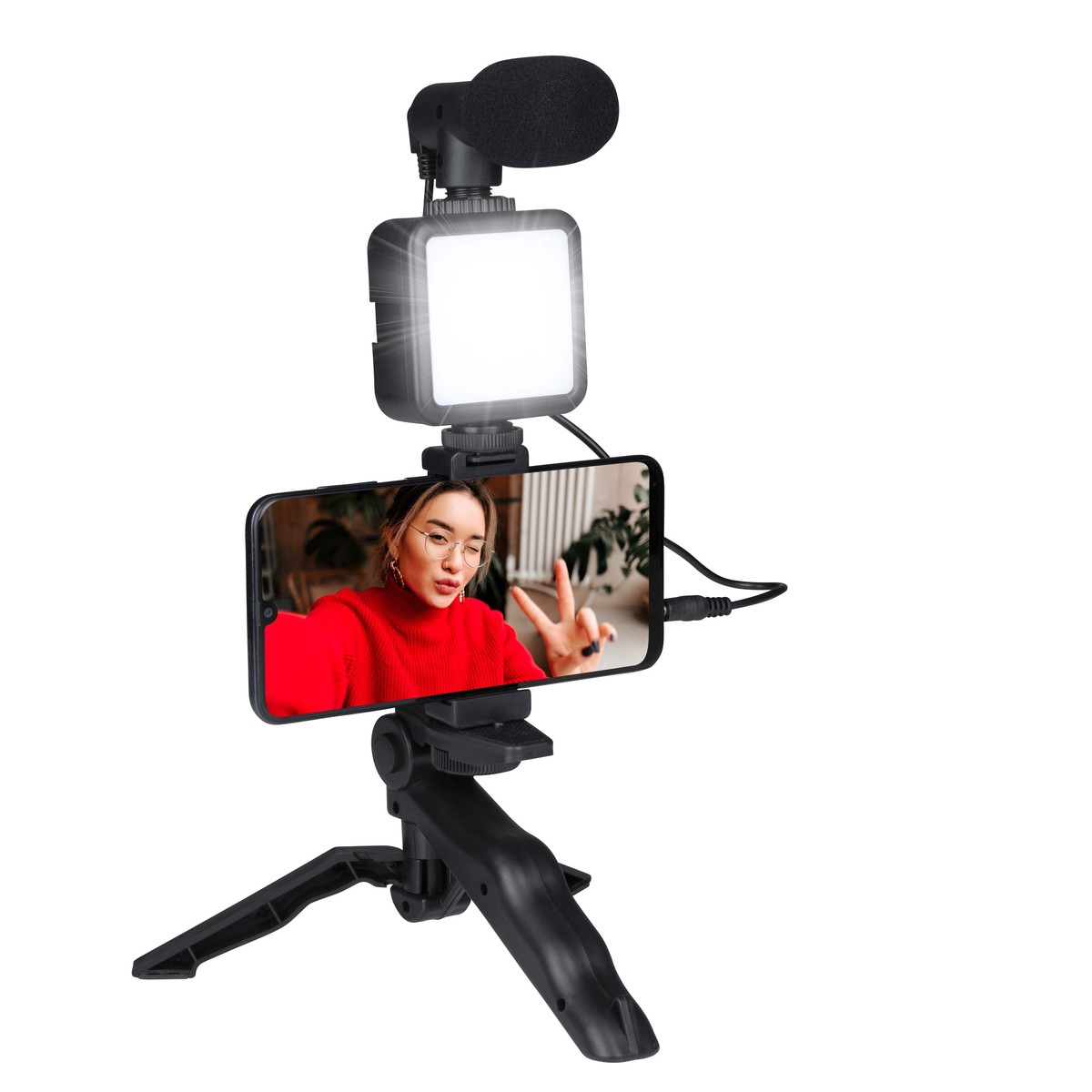 A smartphone with a mic and light on a tripod, showing a woman.