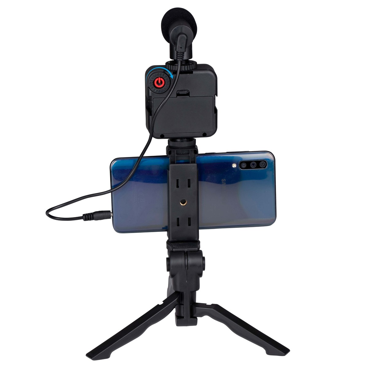 Smartphone with microphone and clamp mount on a small tripod.