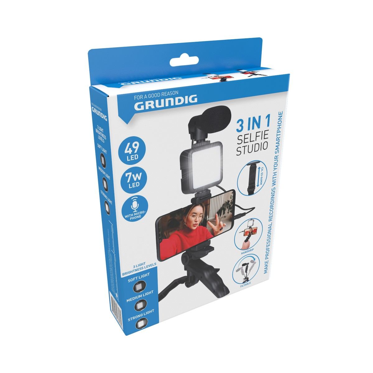 Grundig 3-in-1 selfie studio box with microphone and LED light.