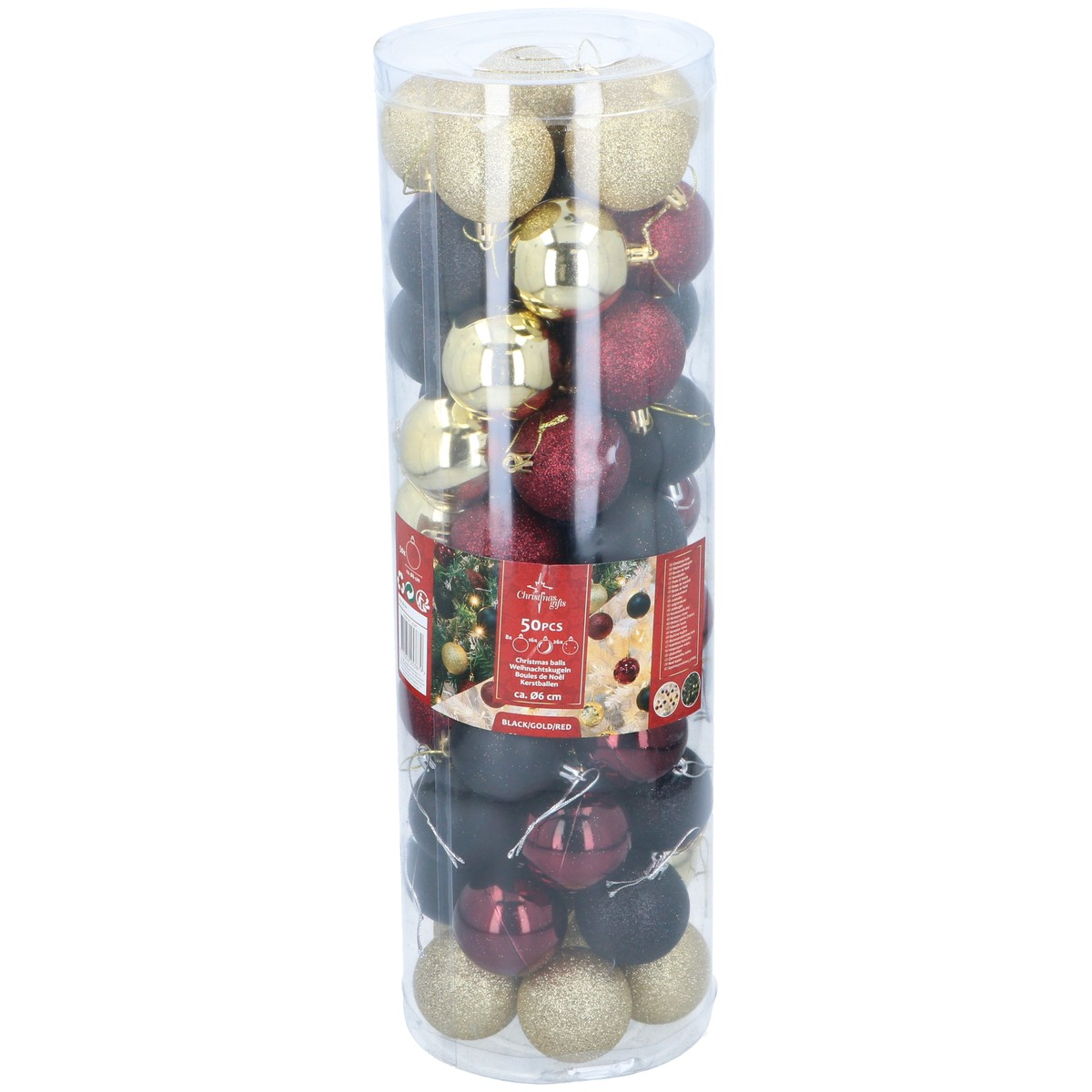 Fifty Christmas balls in black, gold, and red colors in a plastic tube.