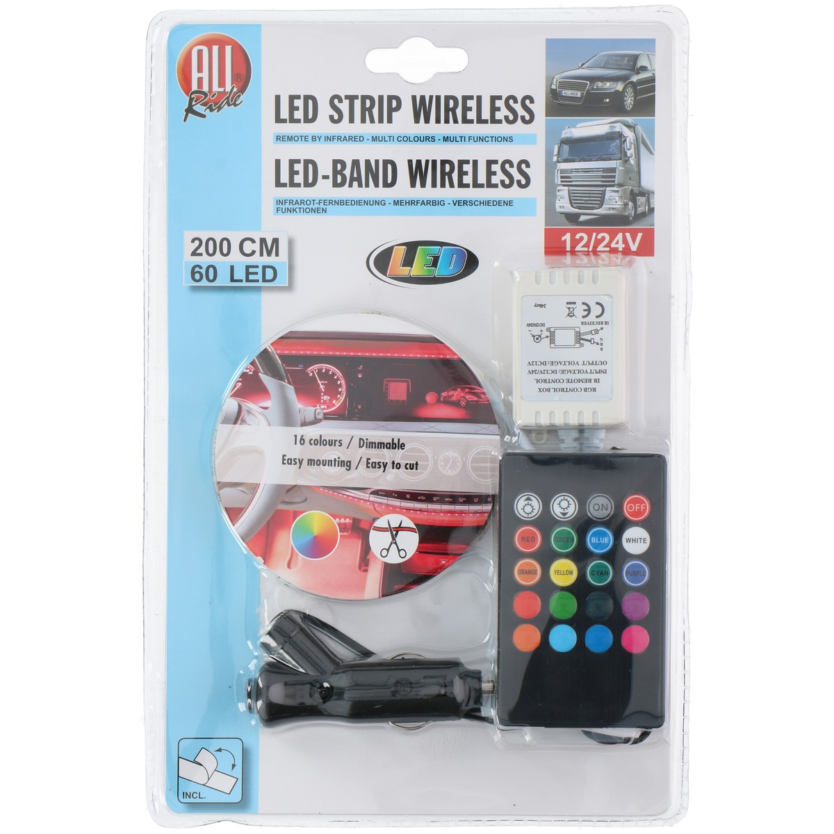 Package with LED strip, remote control, control box, and car plug.