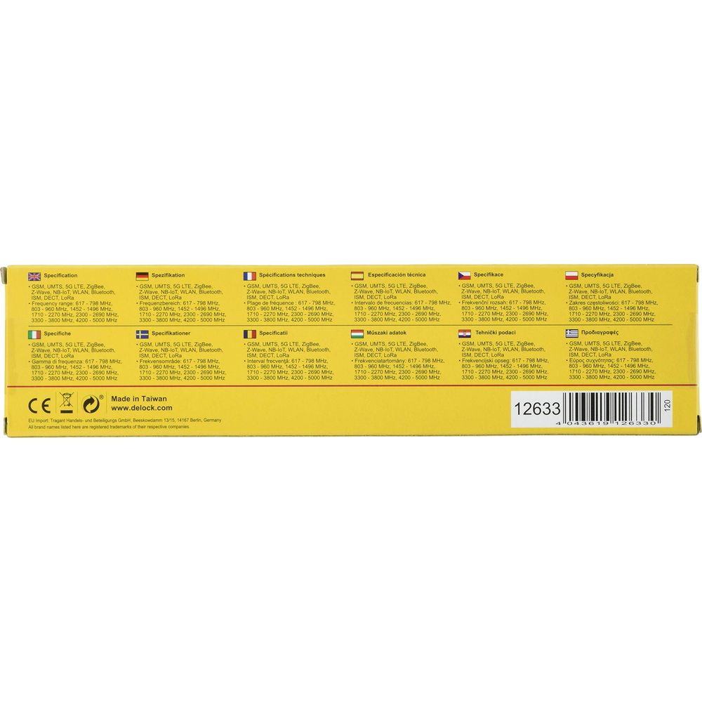 Etichetta prodotto gialla con specifiche multilingue, logo CE, Made in Taiwan.