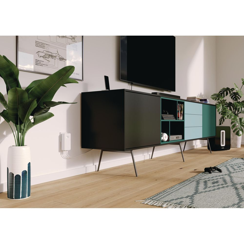 Un meuble moderne avec TV, plantes et tapis dans un salon.