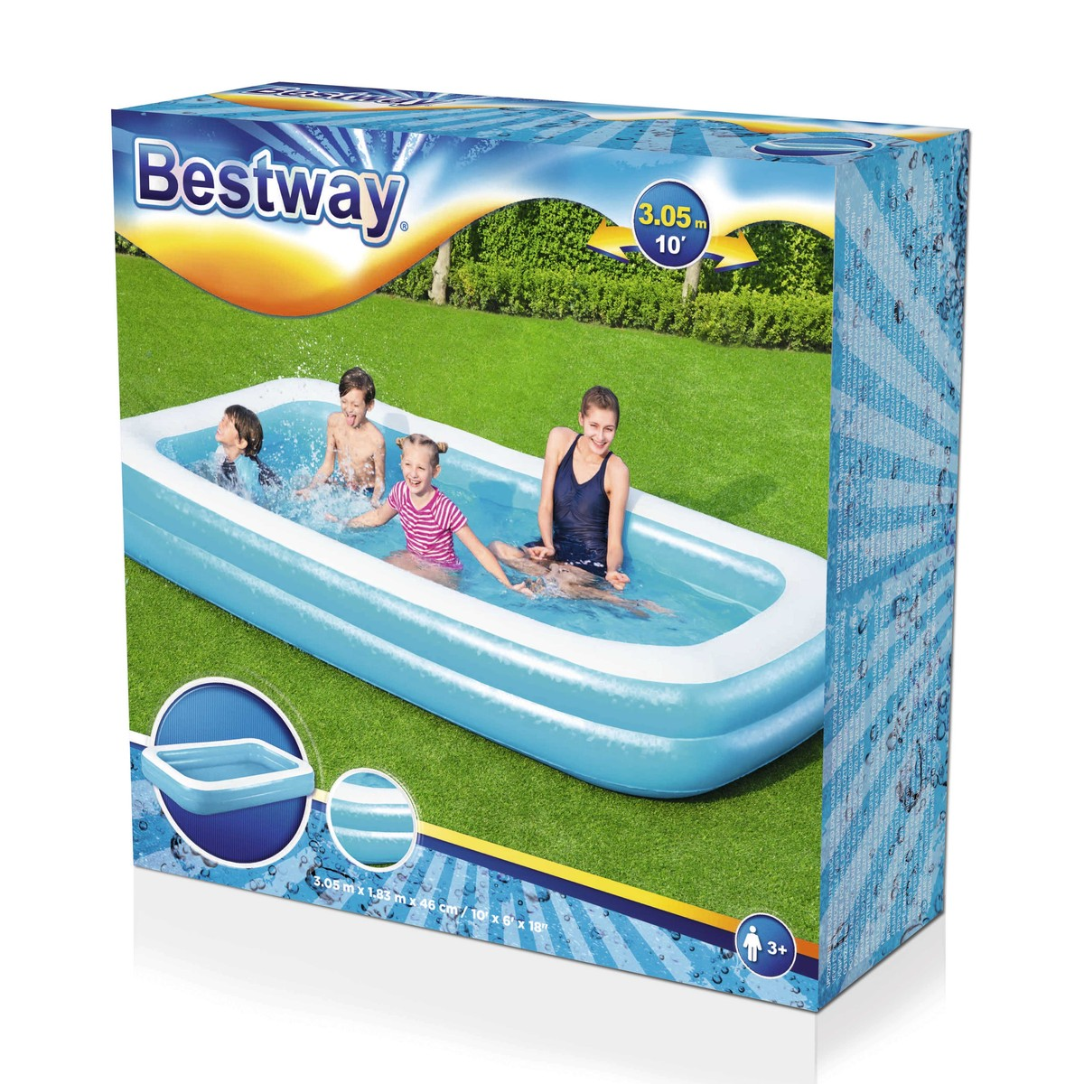 Quattro bambini sguazzano in una piscina gonfiabile Bestway su un prato verde.