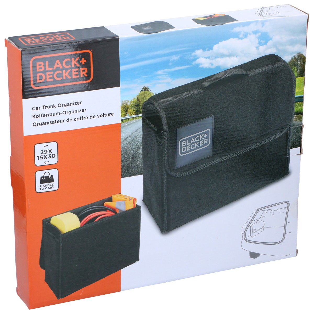 Black+Decker car trunk organizer with handle and internal compartments.