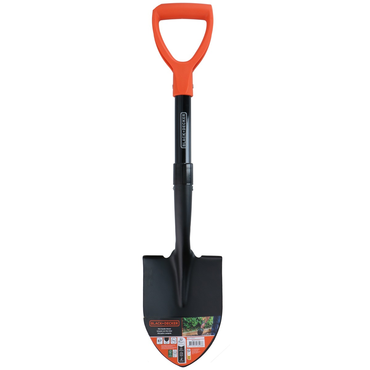 A black shovel with an orange handle and black shaft.