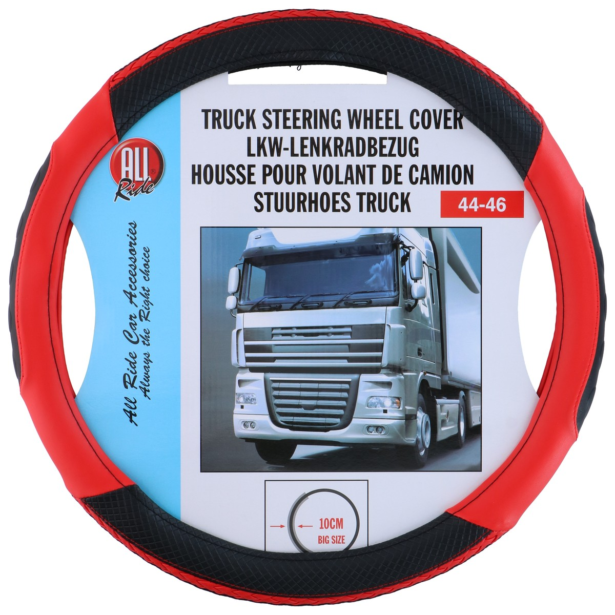 Packaging for red and black truck steering wheel cover with truck image.
