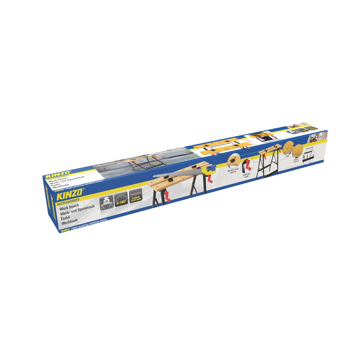 Verpackung einer Kinzo Werkbank mit Zubehör. Die Box zeigt Bilder der Werkbank und ihrer Funktionen.