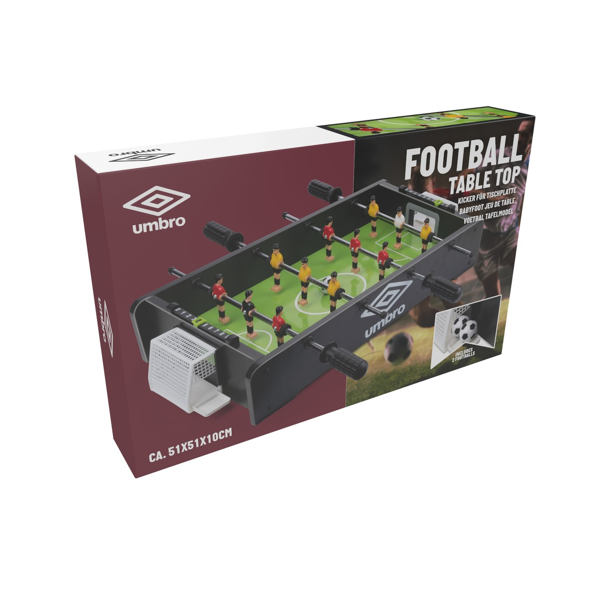 Umbro table football game with red and yellow players on a green field.