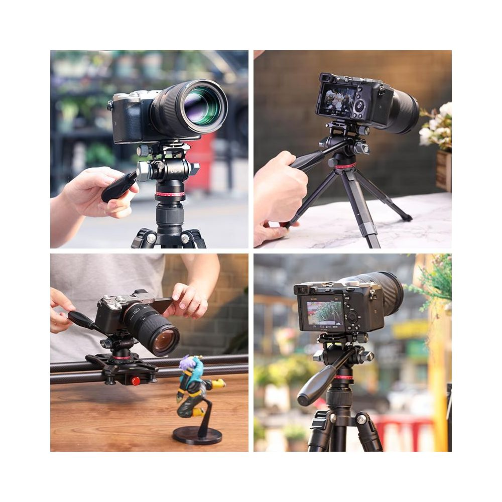 Four shots of cameras on tripods. Closeups of hands adjusting cameras.