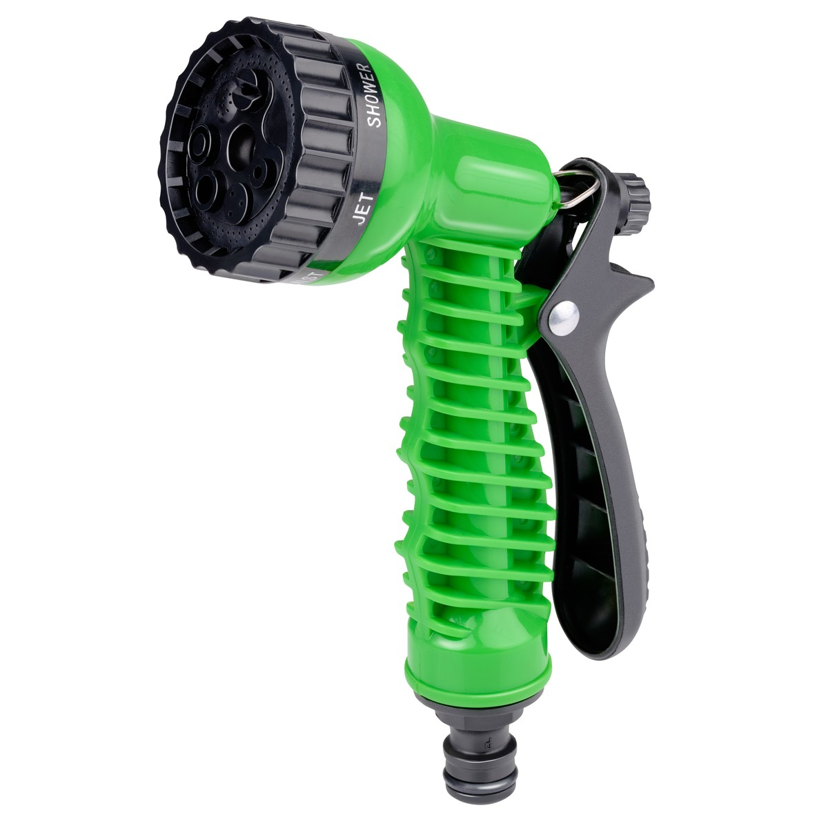 Green garden hose nozzle with black handle and adjustable spray head with multiple settings.