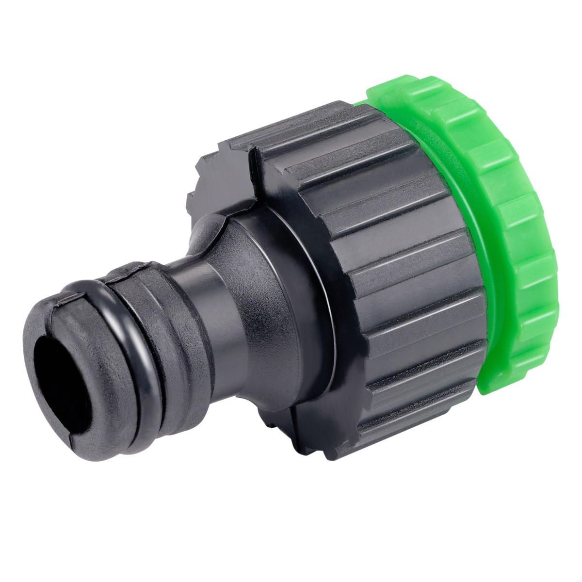 Black garden hose adapter with a green rotating ring and a ribbed surface.