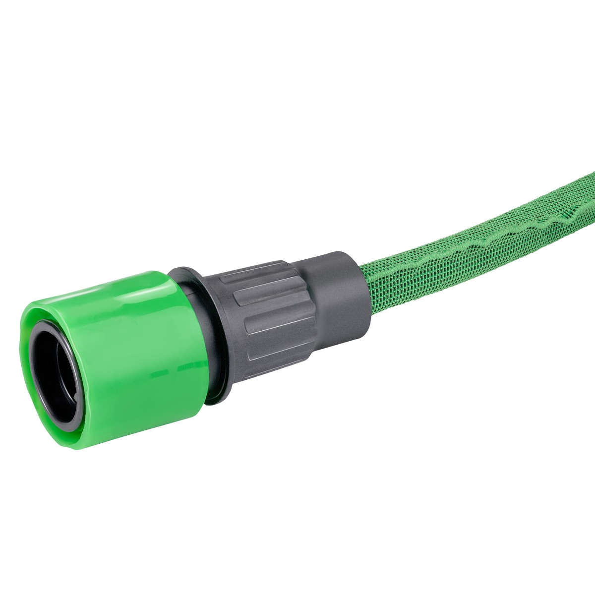 Green garden hose connector with gray grip, on a white background.