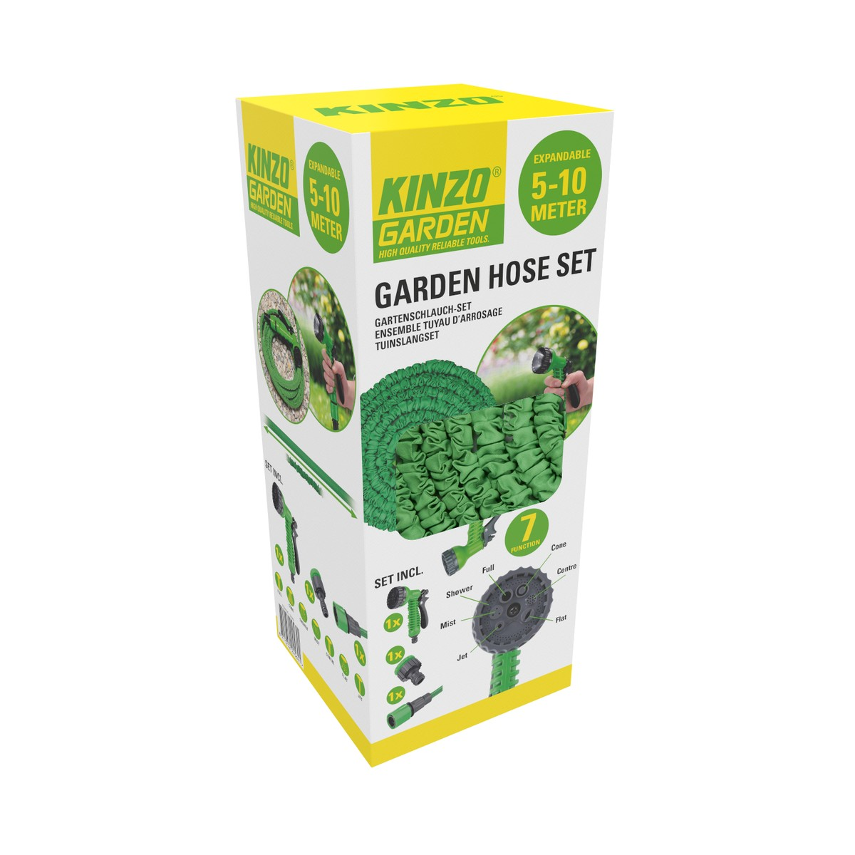 Box of a green garden hose set with 7 functions.