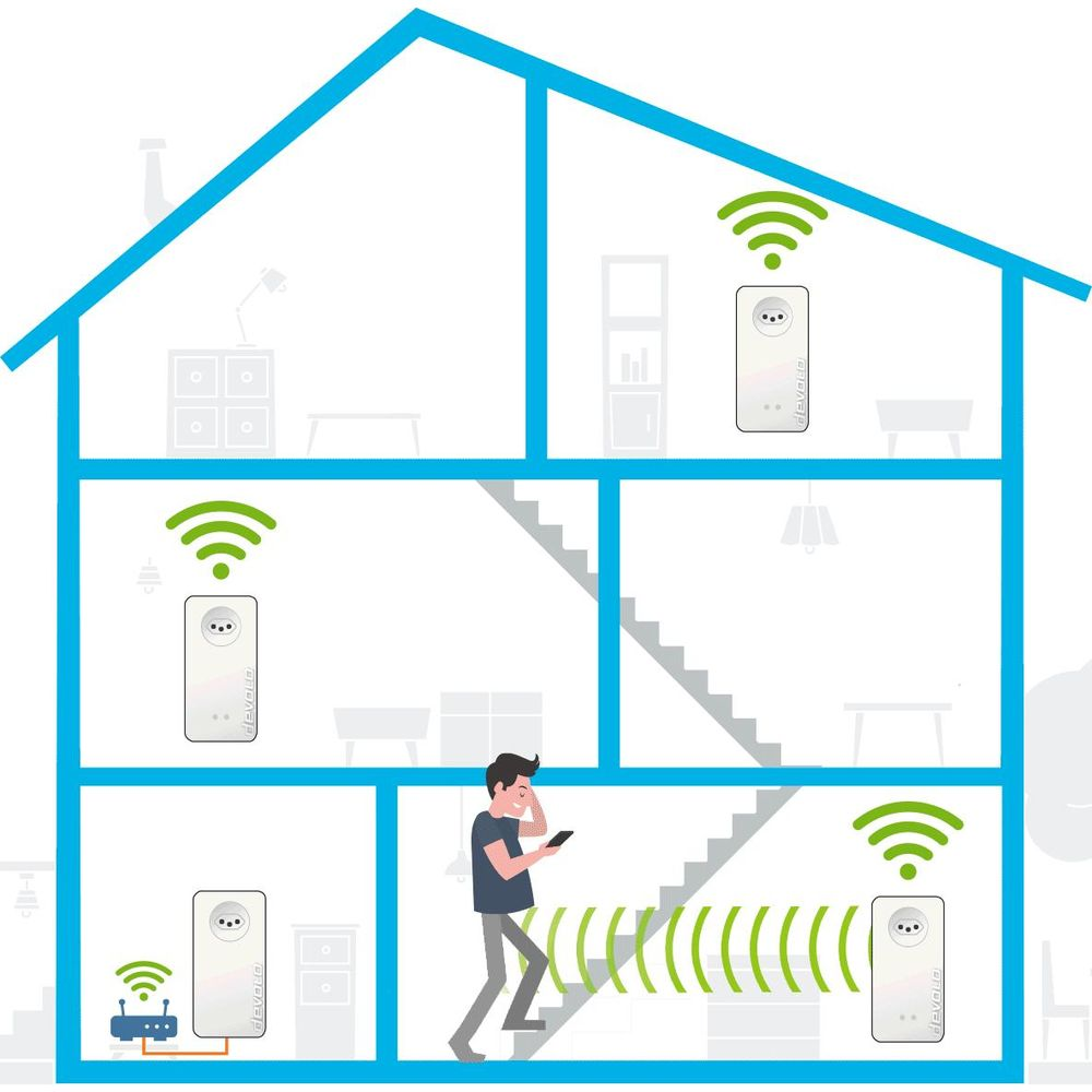Un homme descend les escaliers tandis que des signaux WiFi sont affichés dans une maison.