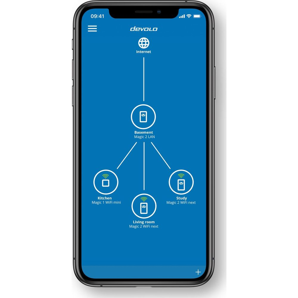 L'app affiche la structure réseau : Internet, Sous-sol, Cuisine, Salon, Bureau.