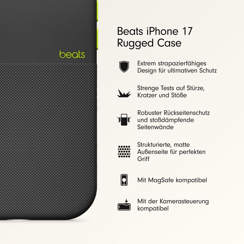 Custodia nera per telefono con logo Beats e caratteristiche per iPhone 17.
