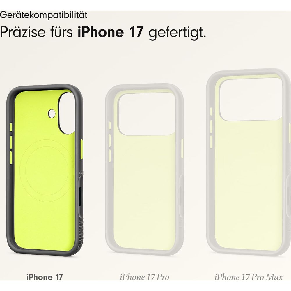 Tre custodie iPhone: nera per iPhone 17, trasparenti per Pro/Max.