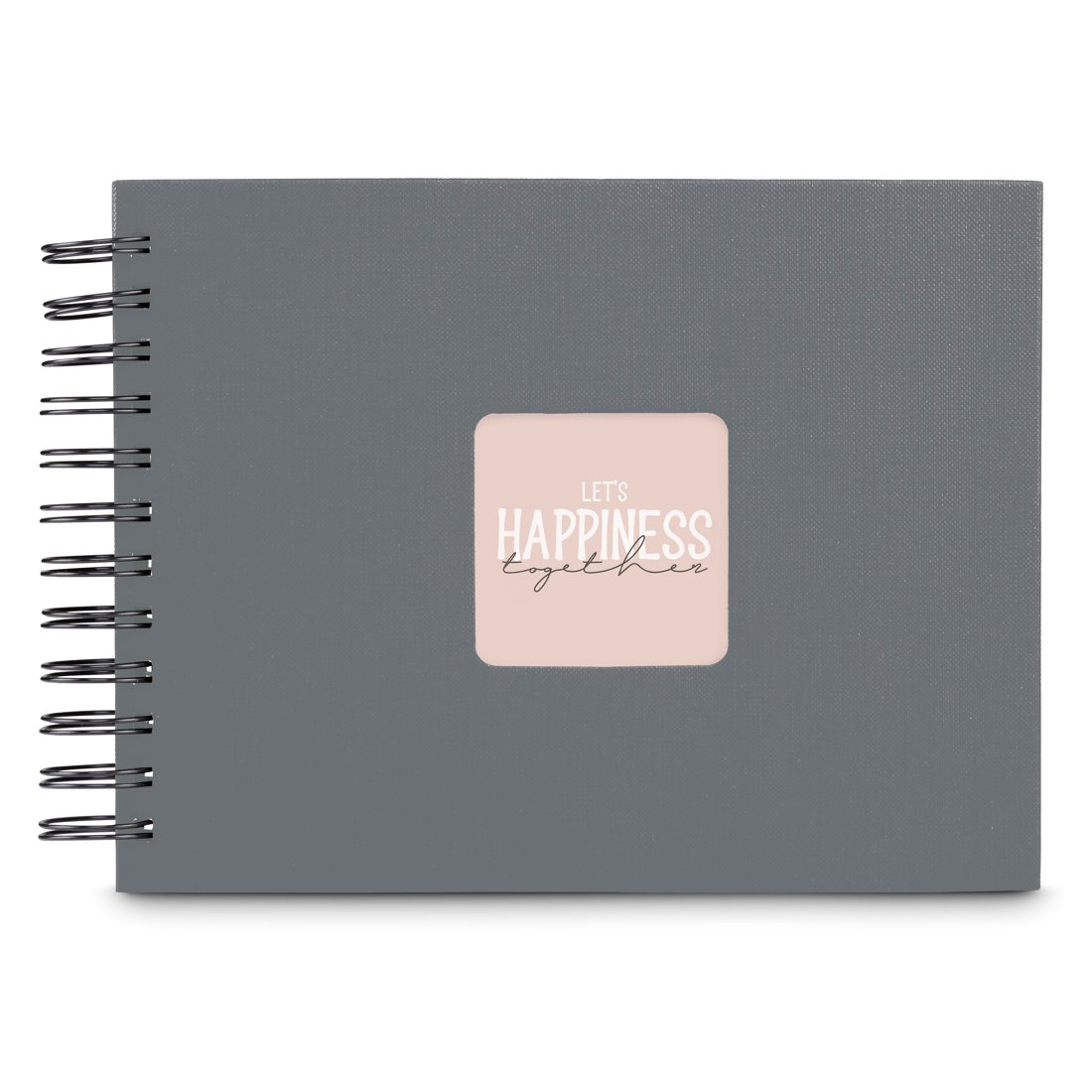 Graues Notizbuch mit Spiralbindung und der Aufschrift „Let's Happiness Together“.