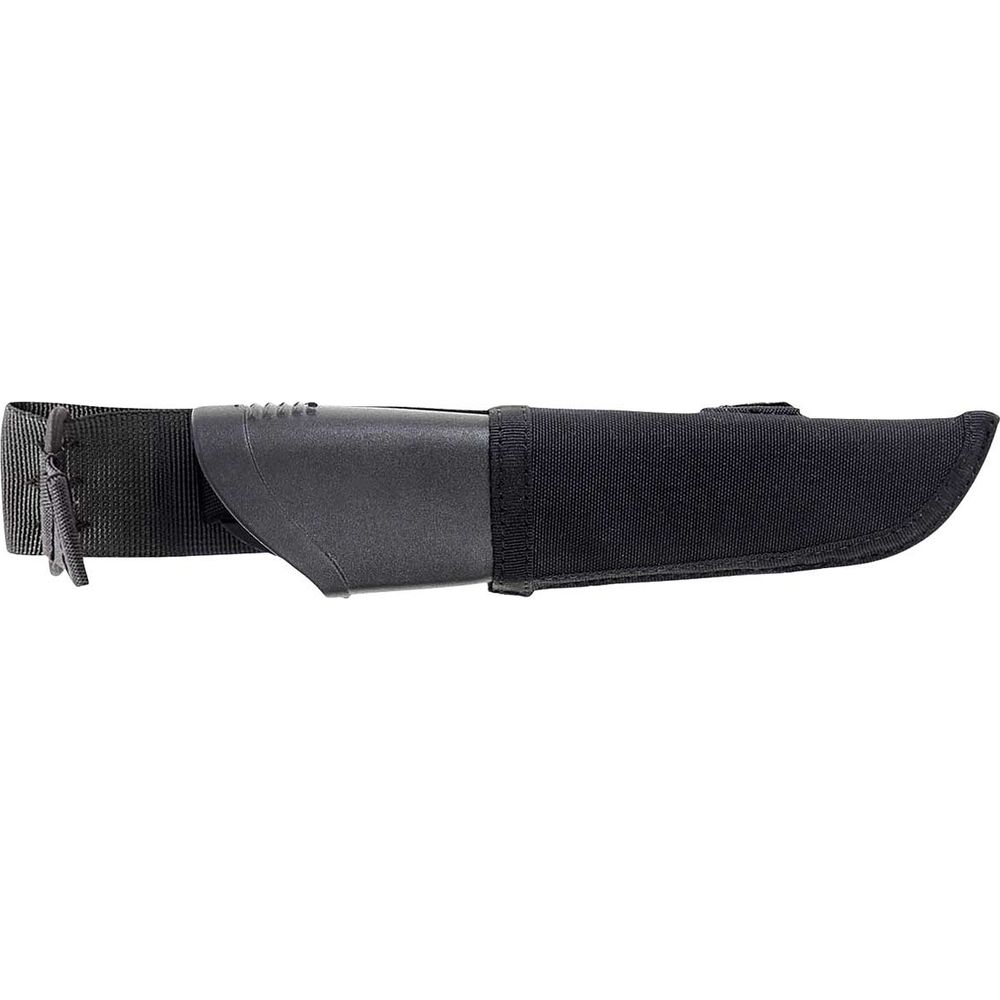Ein schwarzes Messer mit schwarzer Scheide und Gürtelschlaufe auf weißem Hintergrund.