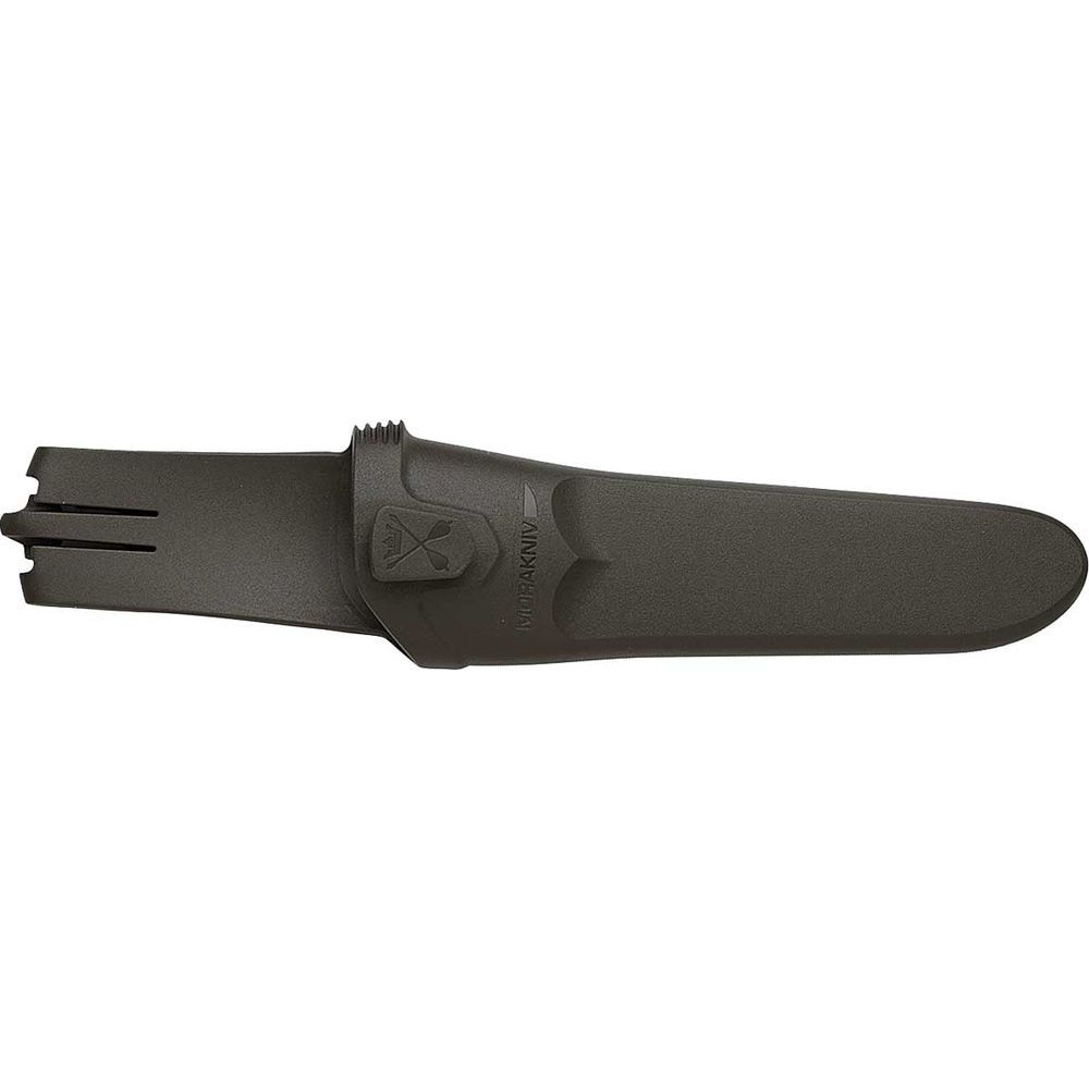 Eine dunkle, messerscharfe Scheide mit dem Morakniv-Logo.