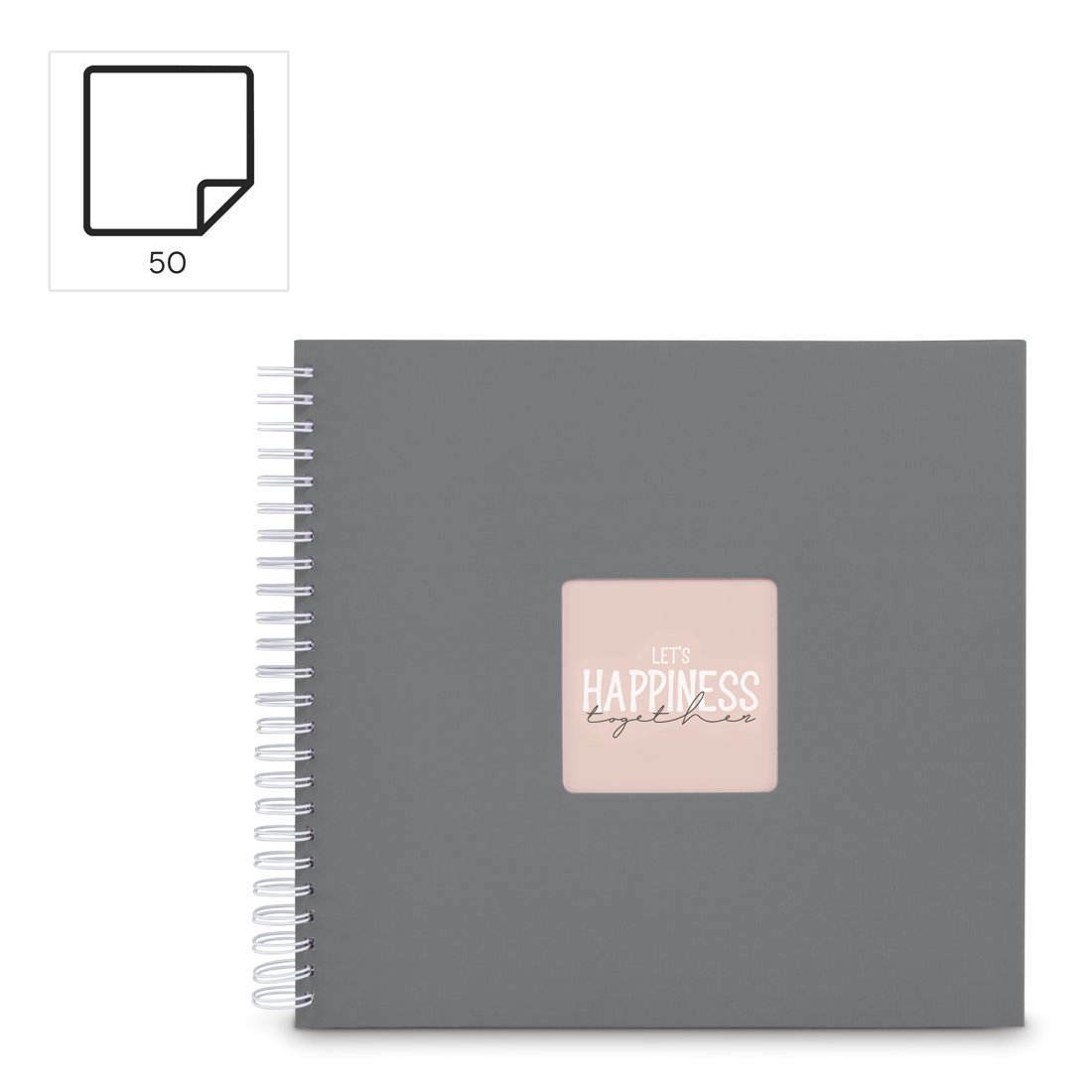 Graues Buch mit Spiralbindung, Aufschrift: "Let's Happiness Together".
