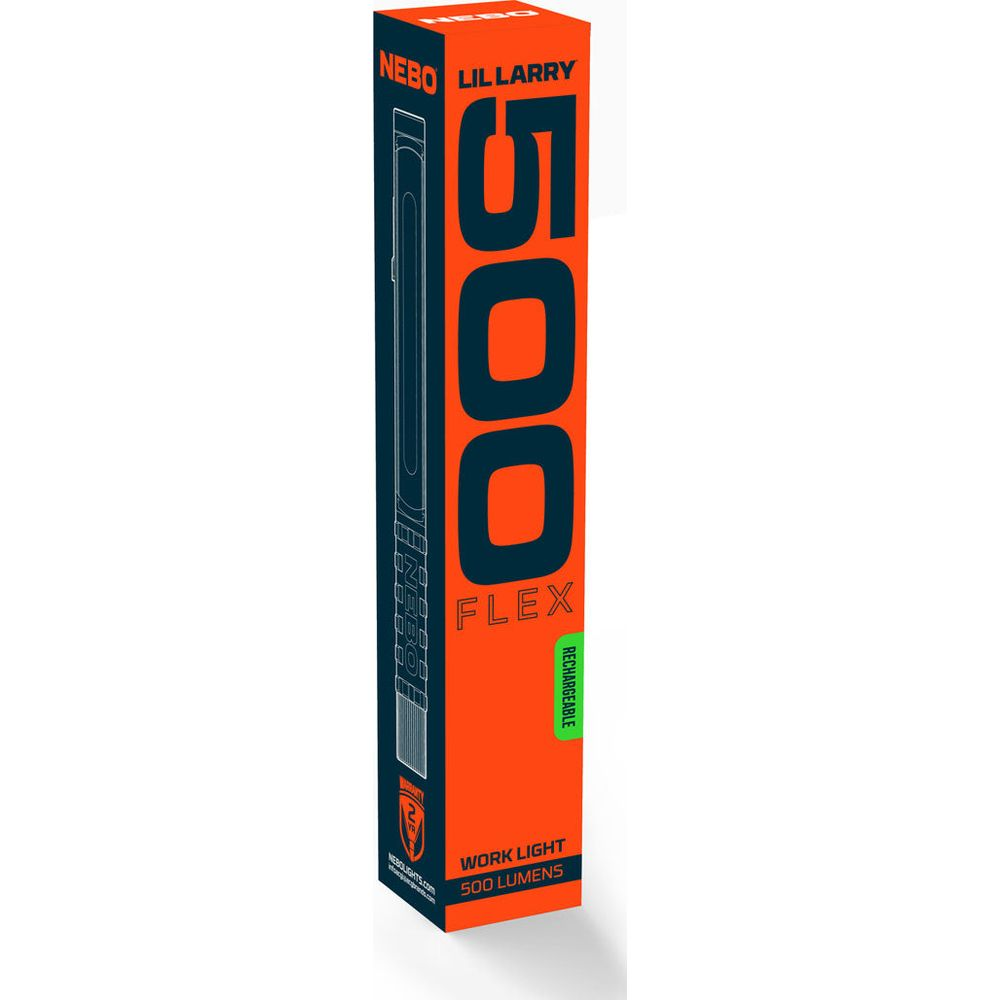 Orangefarbene Verpackung mit der Aufschrift NEBO LIL LARRY 500 FLEX RECHARGEABLE WORK LIGHT 500 LUMENS.