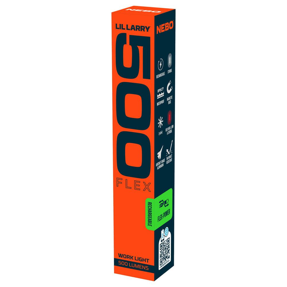 Orange und blaue Verpackung für eine NEBO LILLARRY FLEX 500 Arbeitsleuchte.