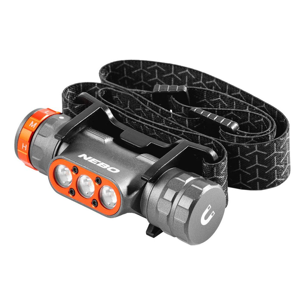 Grauer Nebo Stirnlampe mit schwarzem Band und orangefarbenen Akzenten.